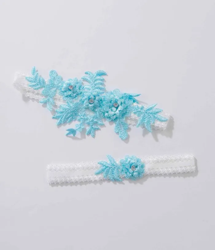 Aqua Blue Rhinestone Floral Garter Set Accessories Unique Vintage Stockings and Tights