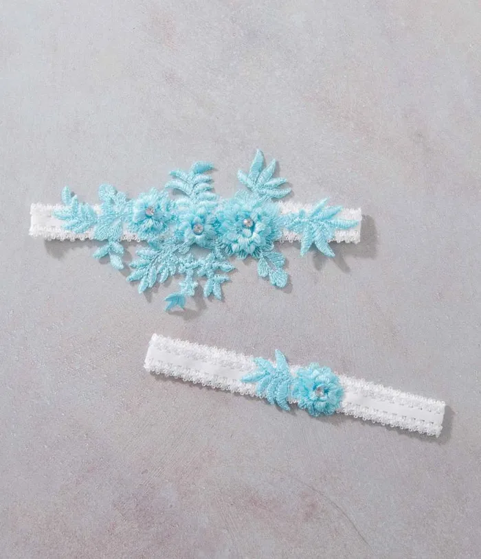Aqua Blue Rhinestone Floral Garter Set Accessories Unique Vintage Stockings and Tights