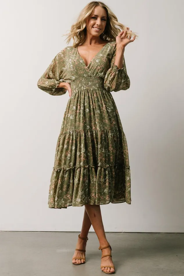 Baltic Born Midi Dresses Coventry Tiered Midi Dress Dusty Olive Floral 8211 Women