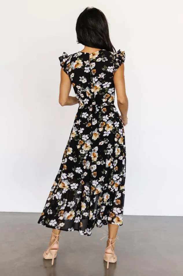 Baltic Born Midi Dresses Kenna Smocked Midi Dress Black Floral 8211 Women Baltic Born Midi Dresses Kenna Smocked Midi Dress Black Floral 8211 Women