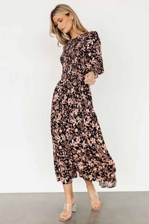 Baltic Born Midi Dresses Rochelle Smocked Midi Dress Black Multi Floral 8211 Women Baltic Born Midi Dresses Rochelle Smocked Midi Dress Black Multi Floral 8211 Women