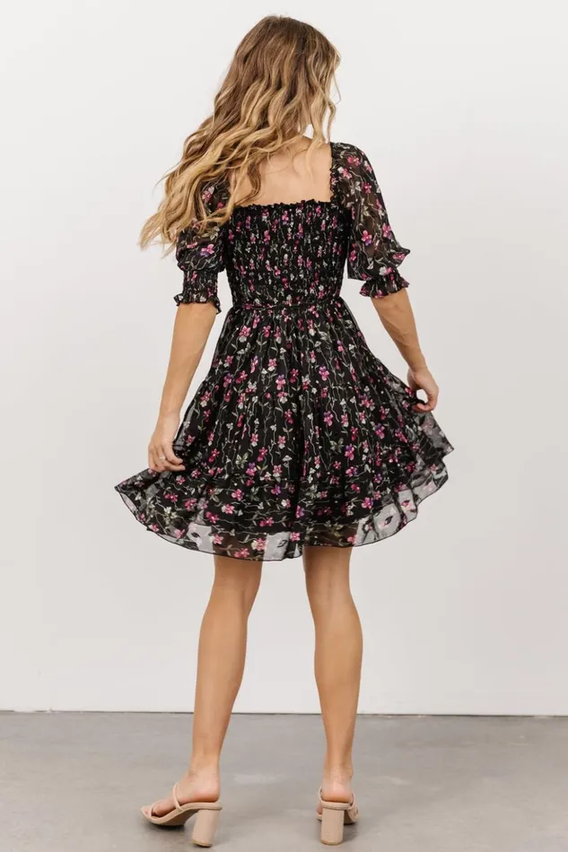 Baltic Born Short Dresses Azlyn Smocked Short Dress Black Purple Floral 8211 Women Baltic Born Short Dresses Azlyn Smocked Short Dress Black Purple Floral 8211 Women