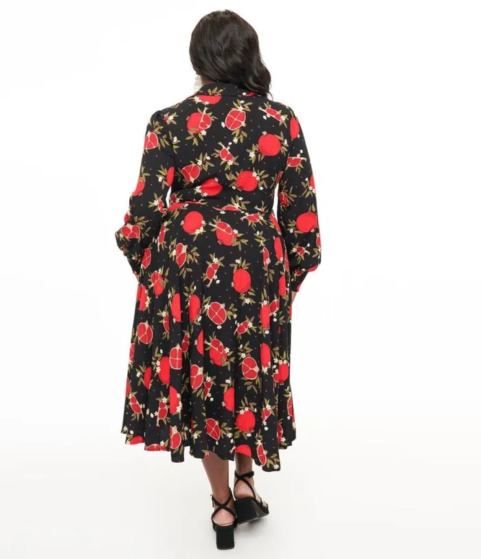 Banned Plus Size 1940s Black and Red Pomegranate Midi Dress Dresses Unique Vintage Pocket Dresses
