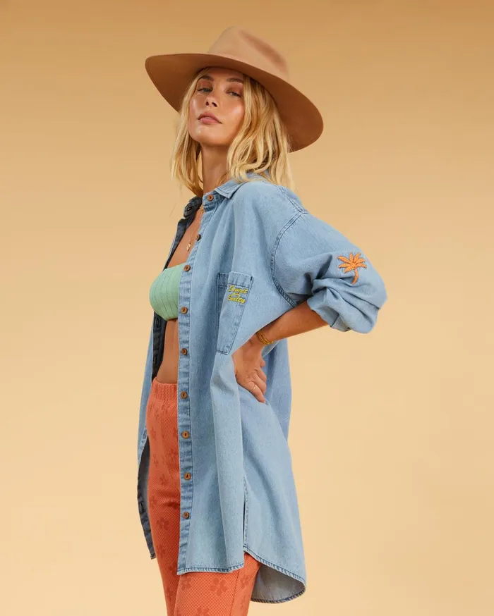 Billabong Salty Blonde In The Tide Long Sleeve Denim Shirt Salty Blue Women Tops Billabong Salty Blonde In The Tide Long Sleeve Denim Shirt Salty Blue Women Tops