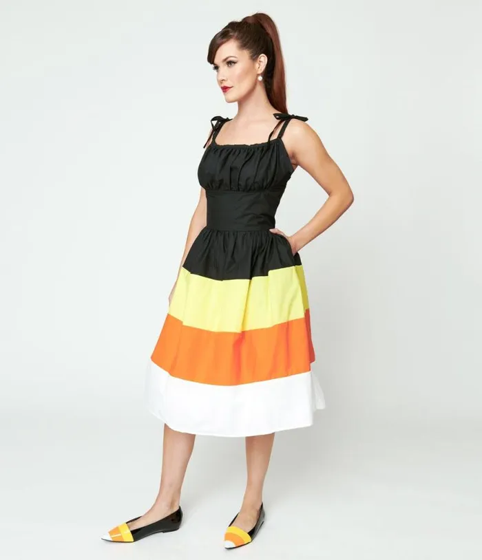 Black and Candy Corn Stripe Swing Dress DressesHalloweenPlus Unique Vintage Pocket Dresses