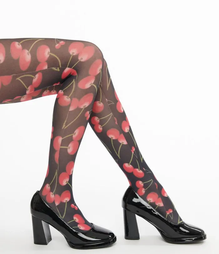 Black and Cherry Printed Tights Accessories Unique Vintage Stockings and Tights