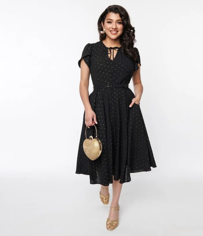 Black and Gold Clip Dot Dahlia Swing Dress DressesPlus Unique Vintage Pocket Dresses Black and Gold Clip Dot Dahlia Swing Dress DressesPlus Unique Vintage Pocket Dresses