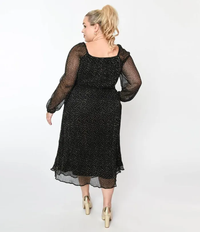 Black and Gold Foil Pin Dot Pleated Midi Dress DressesPlus Unique Vintage Midi and Maxi