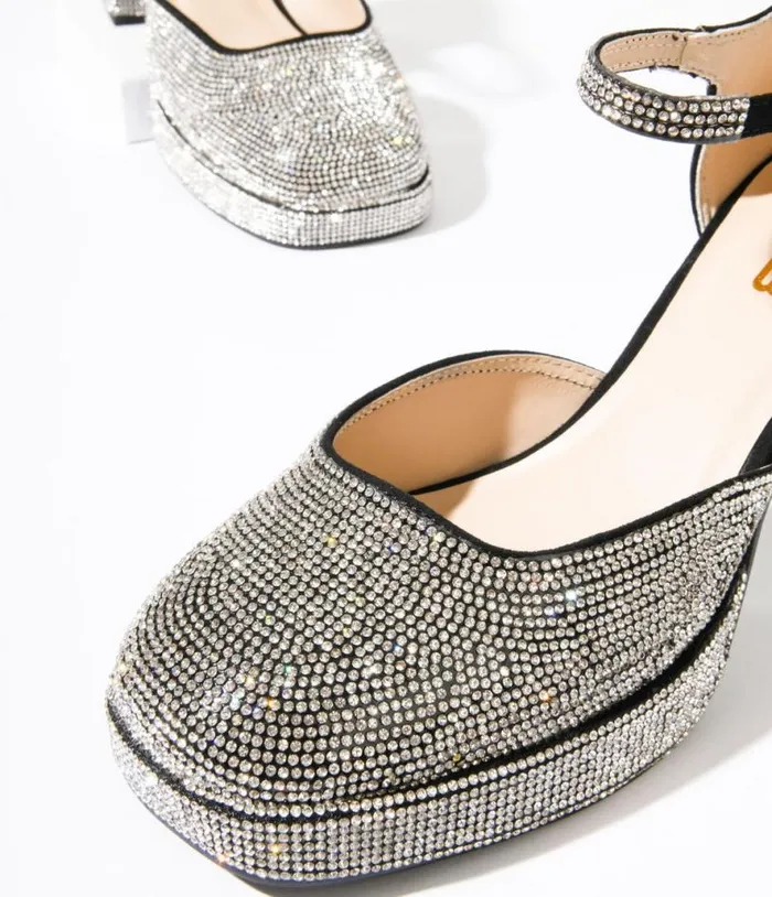 Black and Silver Rhinestone Mary Jane Heels Shoes Unique Vintage Heels
