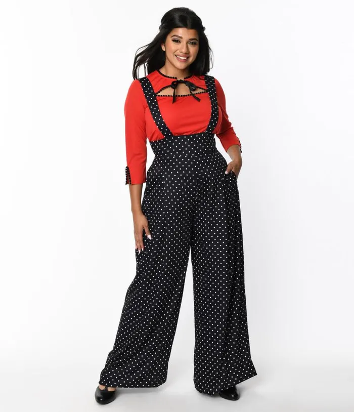 Black and White Pin Dot Rochelle Suspender Pants Clothing Unique Vintage Pants Black and White Pin Dot Rochelle Suspender Pants Clothing Unique Vintage Pants