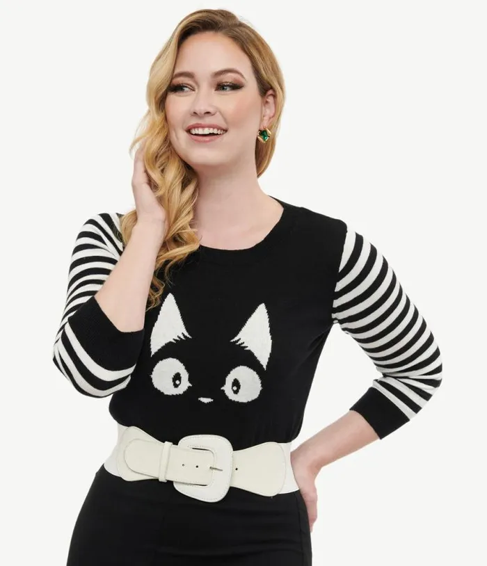 Black and White Stripe Knit Kitty Sweater ClothingHalloween Unique Vintage Sweaters and Cardigans Black and White Stripe Knit Kitty Sweater ClothingHalloween Unique Vintage Sweaters and Cardigans