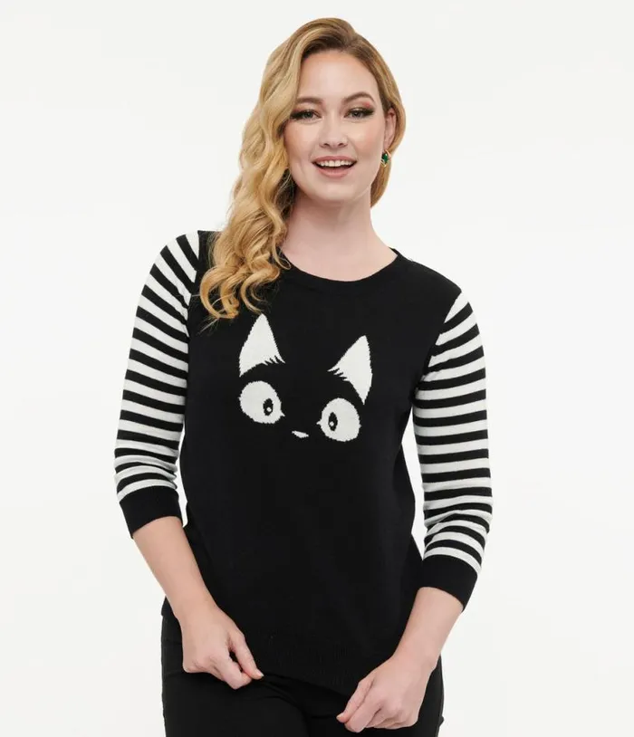 Black and White Stripe Knit Kitty Sweater ClothingHalloween Unique Vintage Sweaters and Cardigans
