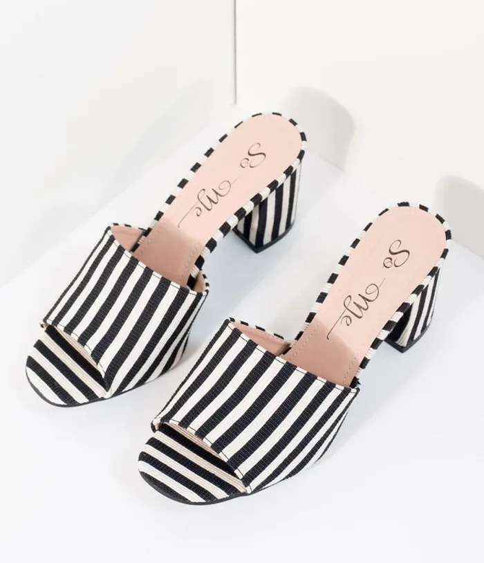 Black and White Stripe Woven Peep Toe Mule Heels HalloweenShoes Unique Vintage Heels