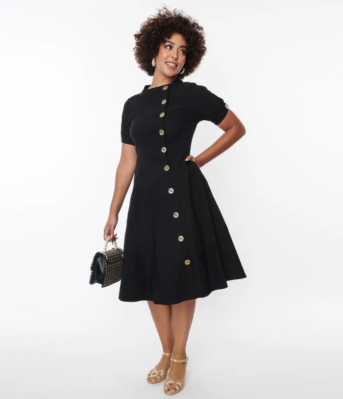 Black Button Swing Dress Dresses Unique Vintage Pocket Dresses