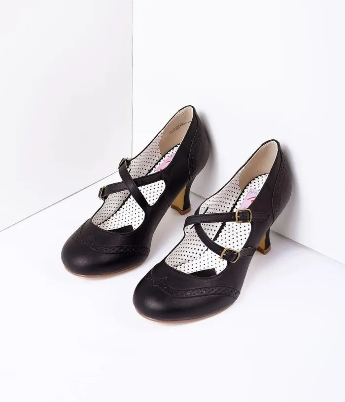 Black Faux Leather Detailed Heel Shoes Unique Vintage Heels