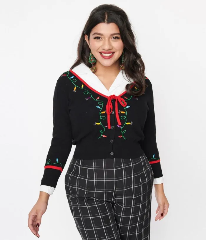 Black Holiday Lights Crop Cardigan ClothingPlus Unique Vintage Sweaters and Cardigans