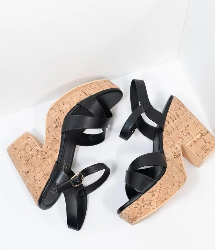 Black Leatherette and Cork Stacked Platform Heels Shoes Unique Vintage Sandals
