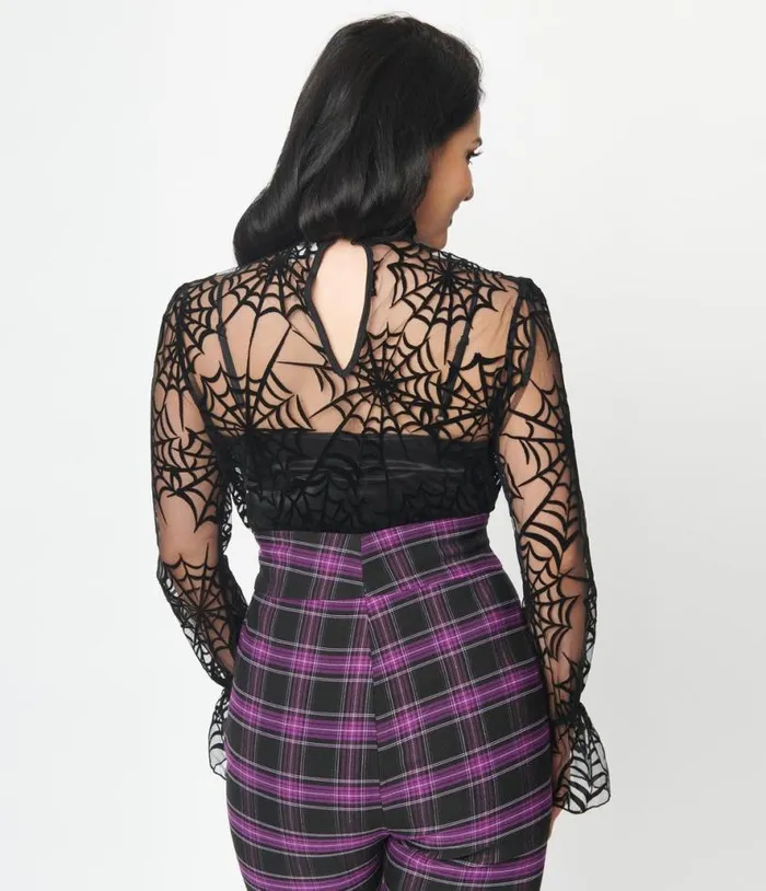 Black Spiderweb Flocked Donna Blouse Halloween Unique Vintage Tops