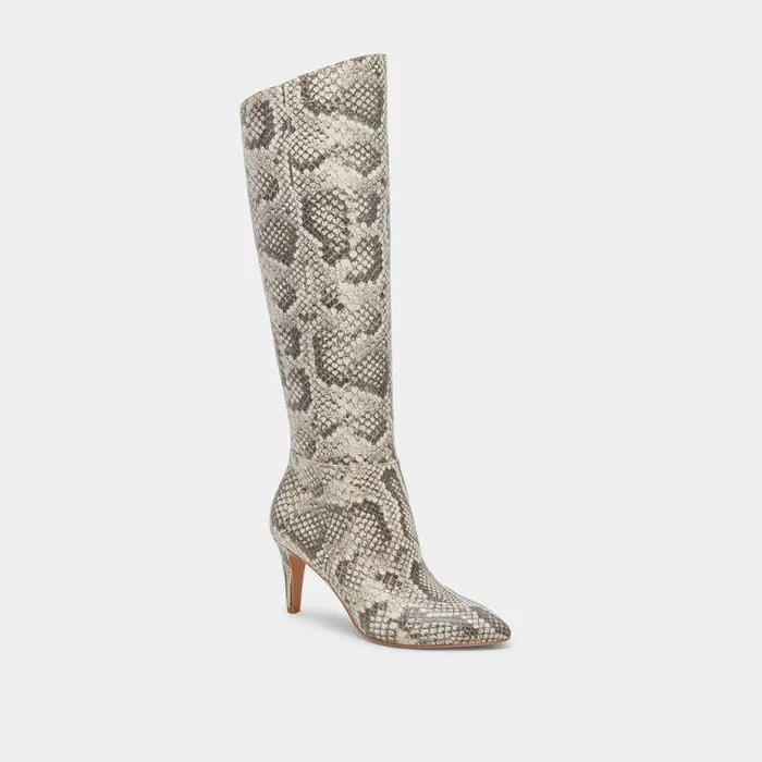 Boots and Booties Shop Dolce Vita Haze Boot Black White Embossed Snake Boots Tall Kitten Heel Boots Black White Embossed Snake