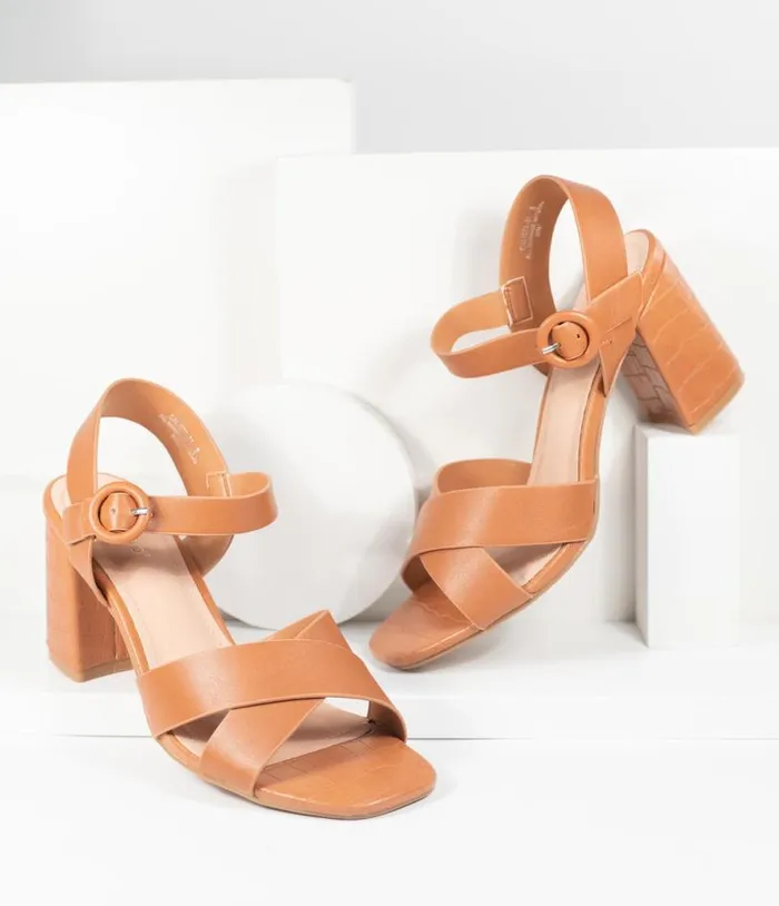 Brown Crocodile Embossed Leatherette Heel Sandals Shoes Unique Vintage Sandals
