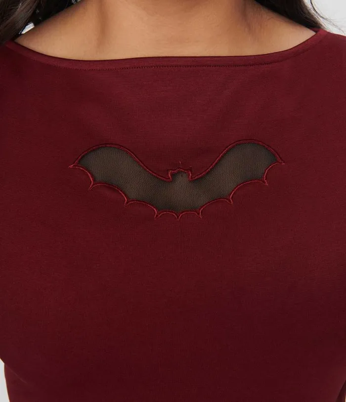 Burgundy and Bat Cutout Gracie Top Halloween Unique Vintage Tops