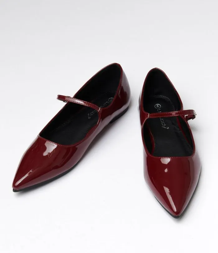 Burgundy Mary Jane Pointed Toe Flats Shoes Unique Vintage Flats