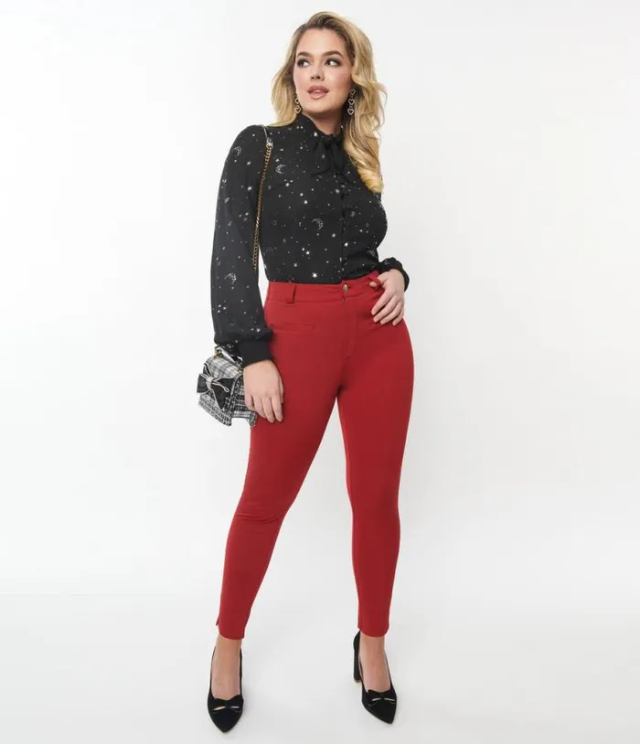 Burgundy Stretch Cigarette Pants ClothingPlus Unique Vintage Pants