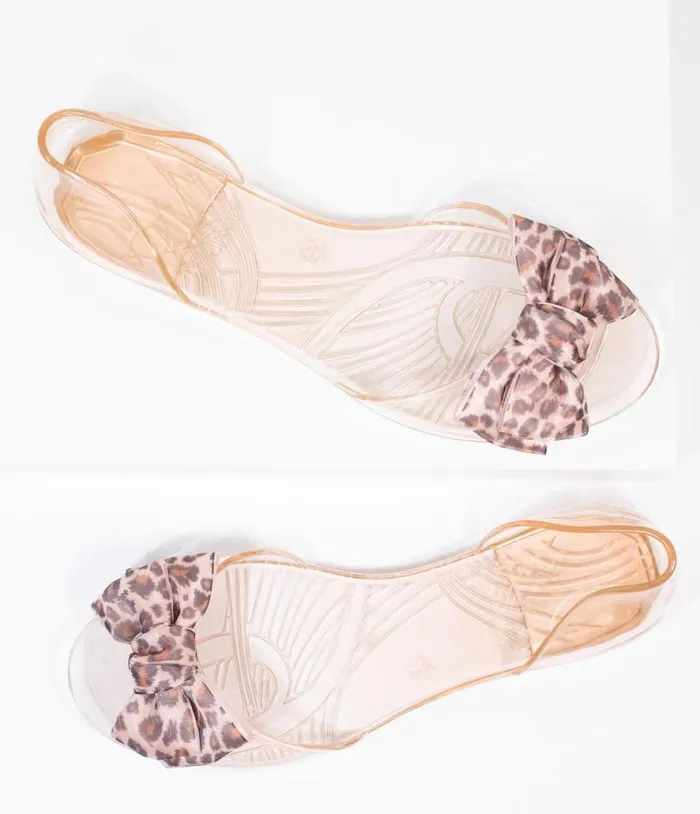 Champagne Jelly and Leopard Bow Peep Toe Selena Flats Shoes Unique Vintage Flats Champagne Jelly and Leopard Bow Peep Toe Selena Flats Shoes Unique Vintage Flats