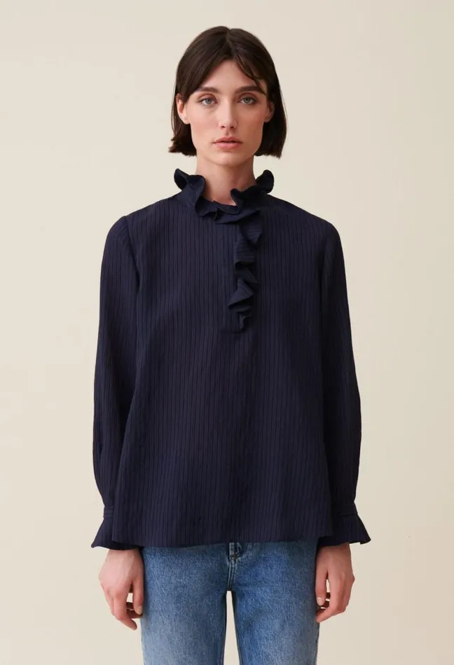 Claudie Pierlot Dark Blue Striped Ruffled Blouse Clothes Tops And Shirts