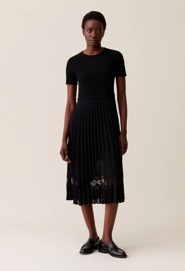 Claudie Pierlot Twist Black Bimaterial Midi Dress Clothes Dresses