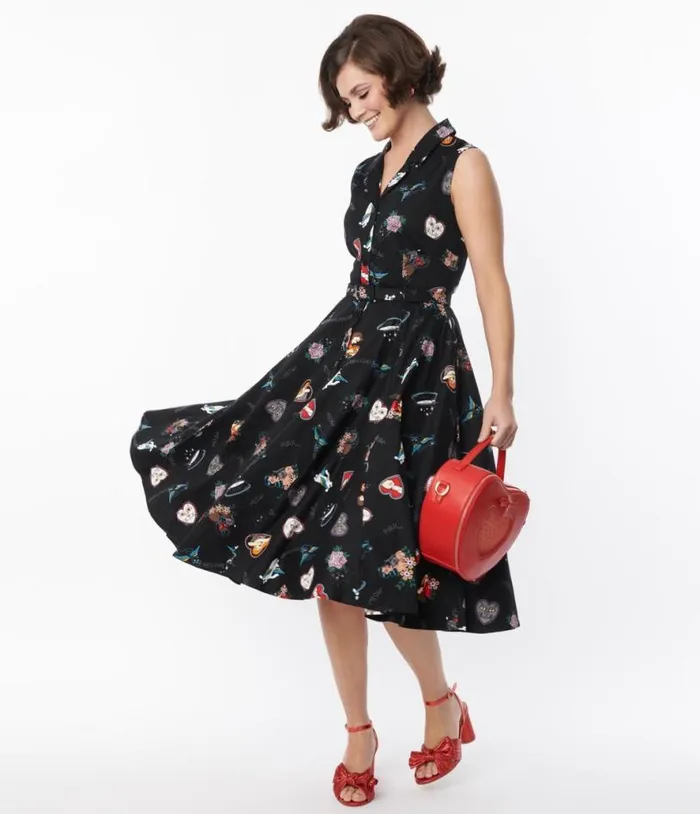 Collectif Black Cats Forever Caterina Swing Dress Dresses Unique Vintage Pocket Dresses