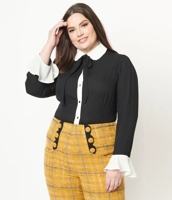 Collectif Plus Size Black and White Collar Prudence Blouse Halloween Unique Vintage Tops