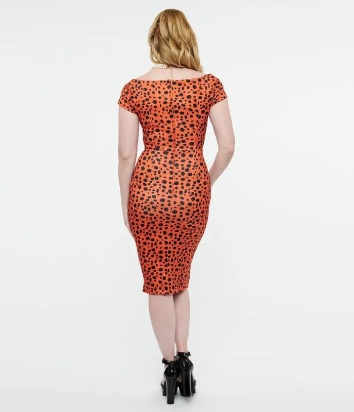 Dolly and Dotty 1950s Orange Cheetah Print Beryl Wiggle Dress DressesPlus Unique Vintage Pencil