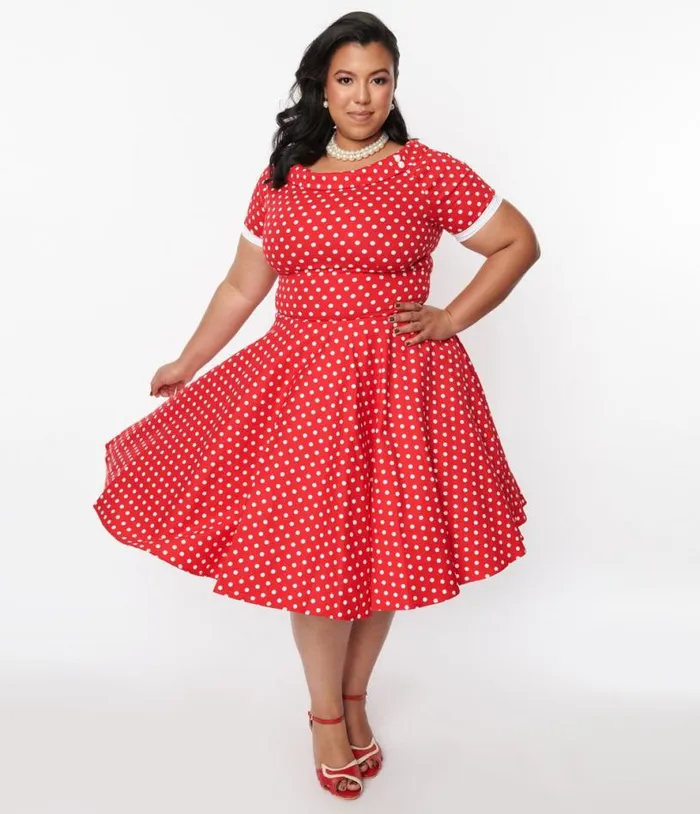 Dolly and Dotty Red and White Polka Dot Dolly Swing Dress DressesPlus Unique Vintage Swing