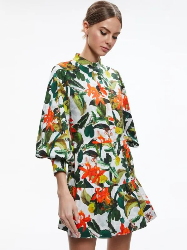 Dresses Women Alice Olivia CAILIN BUTTON FRONT BLOUSON SLEEVE MINI DRESS Tropical Sunrise Off White