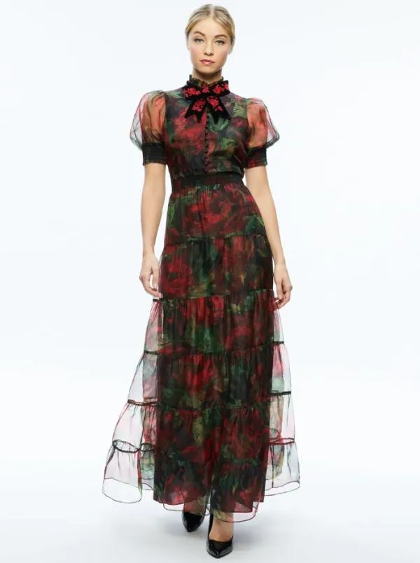 Dresses Women Alice Olivia COLETTA BOW NECK BUTTON FRONT MAXI DRESS Cloud Floral Bordeaux Lg Dresses Women Alice Olivia COLETTA BOW NECK BUTTON FRONT MAXI DRESS Cloud Floral Bordeaux Lg