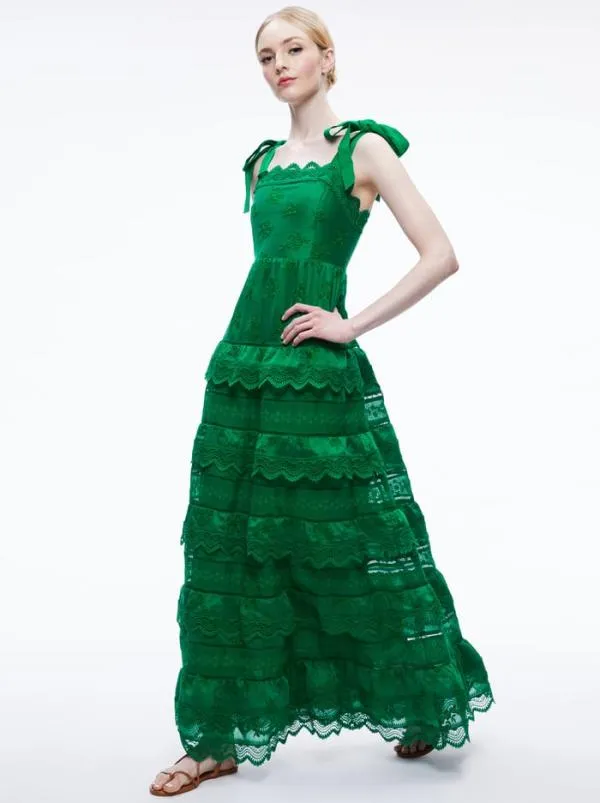 Dresses Women Alice Olivia VEGA EYELET TIERED MAXI DRESS Emerald