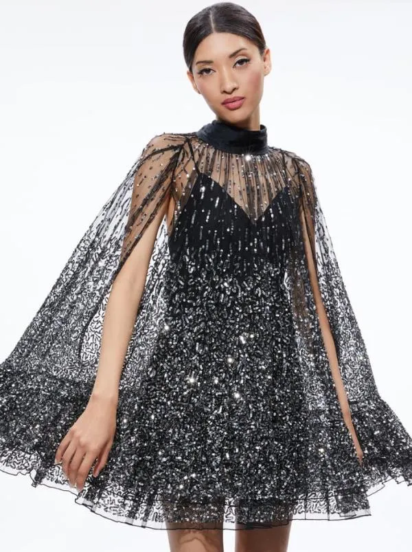 Dresses Women Alice Olivia ZENON SEQUIN CAPE MINI DRESS Blacksilver