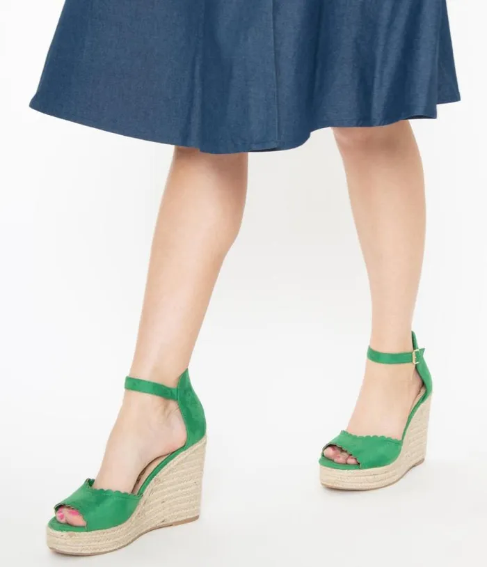 Emerald Suede Peep Toe Espadrille Wedges Shoes Unique Vintage Sandals