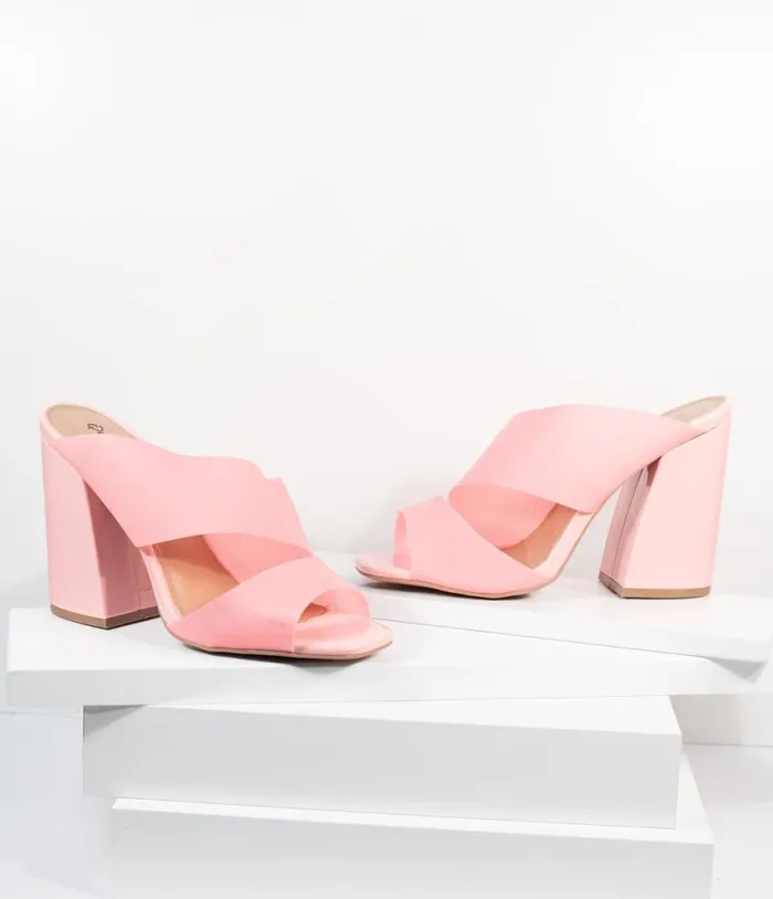 Frosted Pink Vinyl Peep Toe Mule Heels Shoes Unique Vintage Sandals