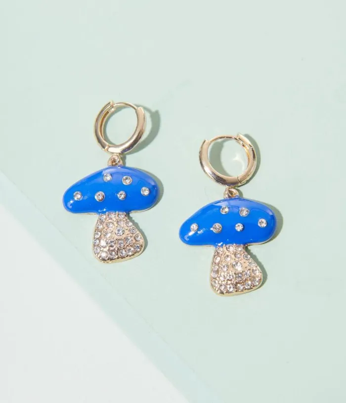 Gold And Blue Mushroom Earrings Accessories Unique Vintage Earrings