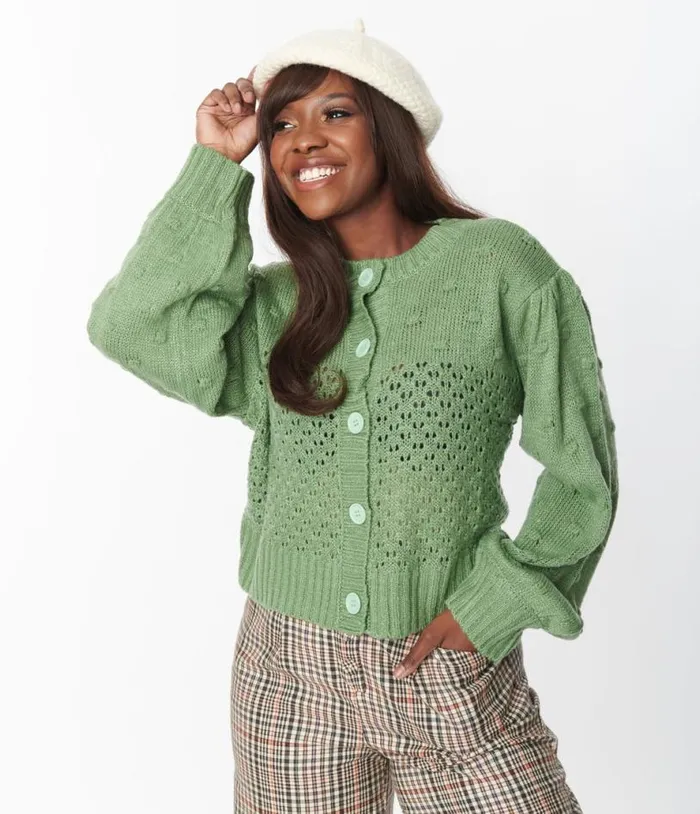 Green Eyelet Pom Pom Puff Sleeve Cardigan Clothing Unique Vintage Sweaters and Cardigans Green Eyelet Pom Pom Puff Sleeve Cardigan Clothing Unique Vintage Sweaters and Cardigans
