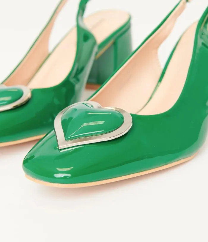 Green Heart Leatherette Slingback Heels Shoes Unique Vintage Heels