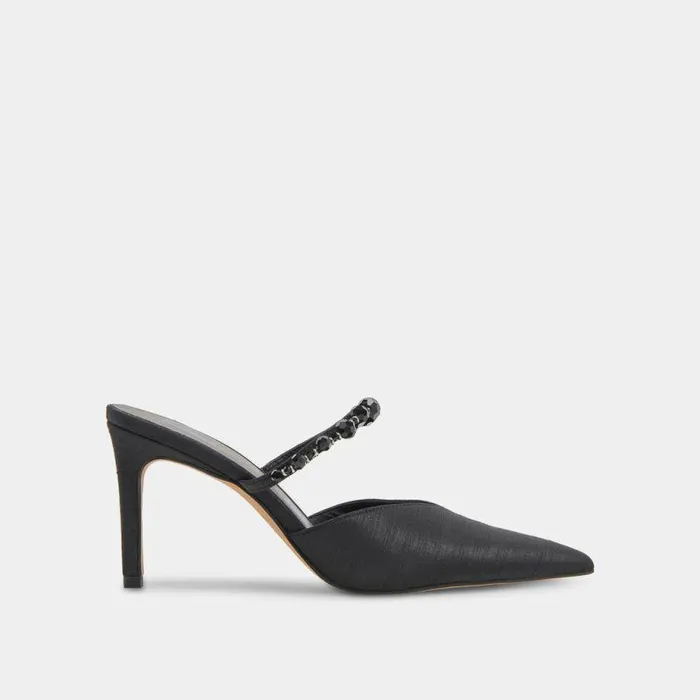 Heels Shop Dolce Vita Kanika Heels With Black Pearls Thin Tapered Heel and Pointed Toe Black Pearls