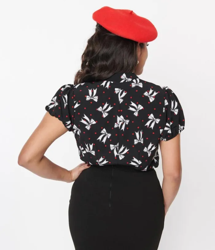 Hell Bunny Black and White Bow Print Bobbie Blouse Clothing Unique Vintage Blouses