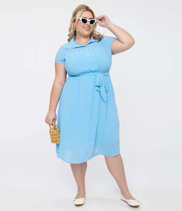 Hell Bunny Plus Size 1930s Baby Blue Chiffon Midi Pearl Dress Dresses Unique Vintage Midi