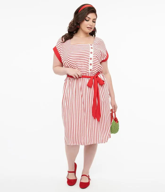 Hell Bunny Plus Size 1940s Red and White Stripe Ahoy Dress Dresses Unique Vintage Pocket Dresses Hell Bunny Plus Size 1940s Red and White Stripe Ahoy Dress Dresses Unique Vintage Pocket Dresses