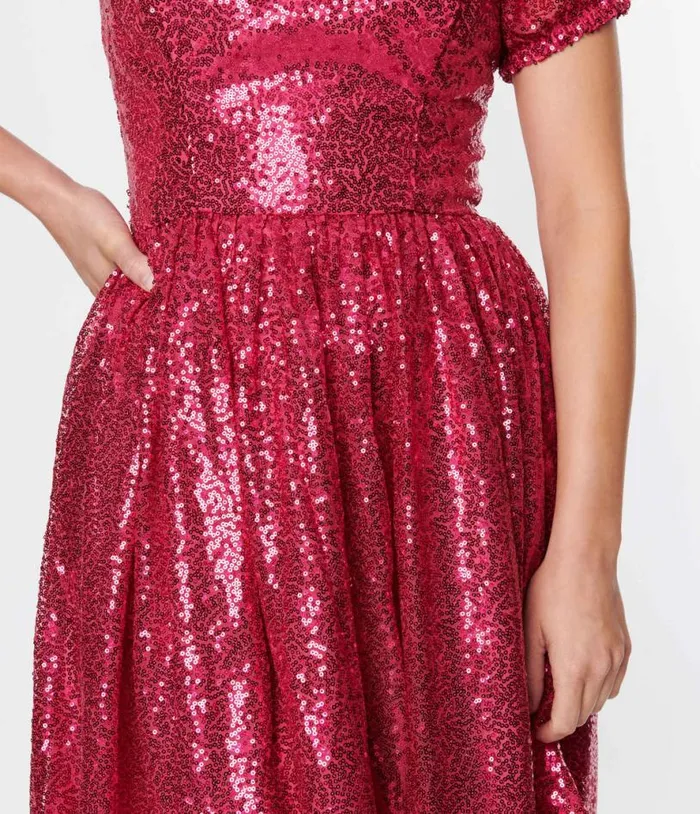Hot Pink Sequin Sweetheart Fit and Flare Dress Dresses Unique Vintage Fit and Flare
