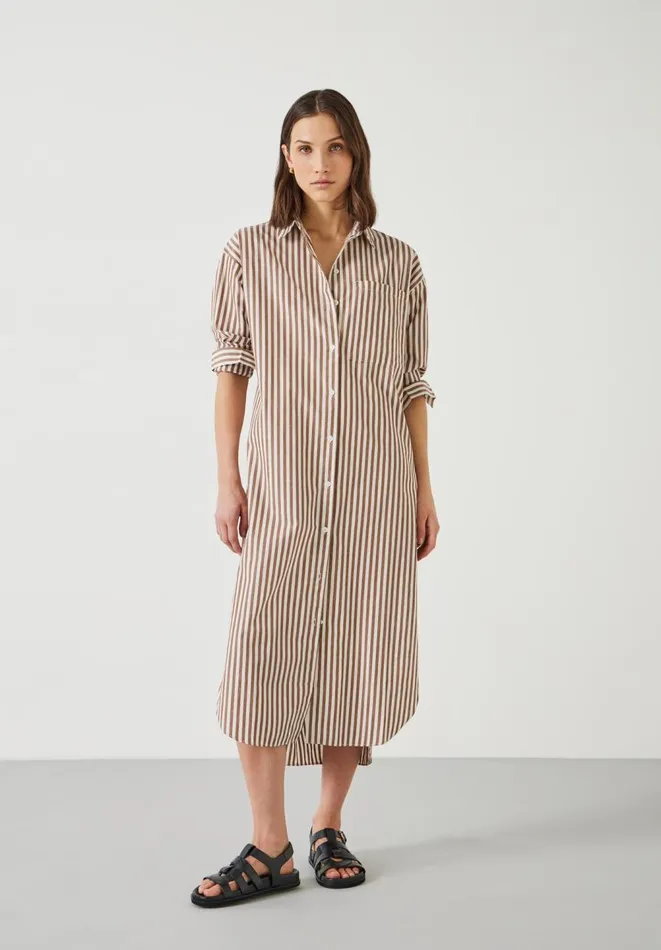 Hush Dresses Women Sahra Maxi Stripe Shirt Dress Brownwhite Stripe