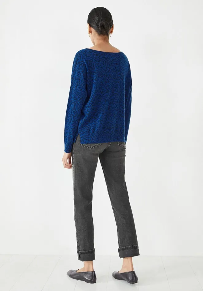 Hush Jumpers and Cardigans Women Emile Open Neck Printed Jumper Abstract Ikat Blue Black Hush Jumpers and Cardigans Women Emile Open Neck Printed Jumper Abstract Ikat Blue Black